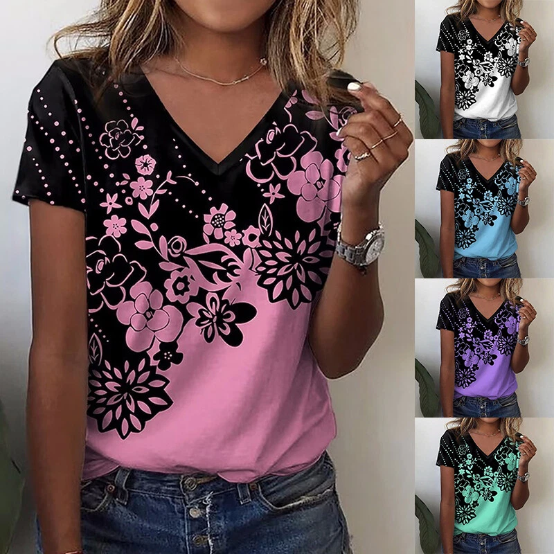 UK Ladies Summer Tops Blouse Floral V Neck Short Sleeve Tee T