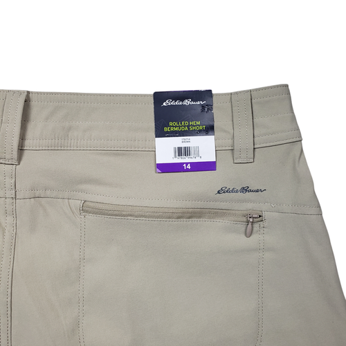 NWT Eddie Bauer Rolled Hem Bermuda Shorts Womens 14 Khaki UPF 50 Stretch Nylon - Picture 9 of 11