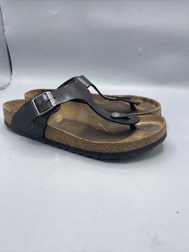 Birkenstock Sandals 41 Giseh Thong Black Leather Flats Slip On Cork Casual 10 - Picture 3 of 13