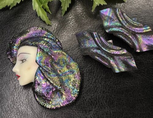 SET orecchini spilla e clip vintage non firmati fantasia dama colorati - Foto 2 di 6