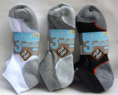 Nur der 3 Paar Herren Sport Sneaker Socken Größe 43-46,  SCHWARZ + GRAU+ WEISS