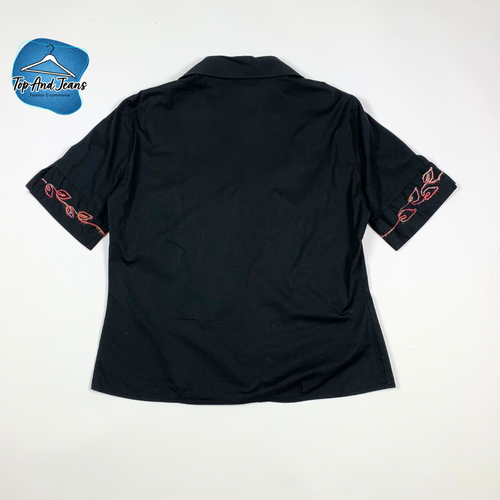 Carina camicia donna usato nera floreale tg 48 L manica corta cotone top T8726 - Foto 5 di 10