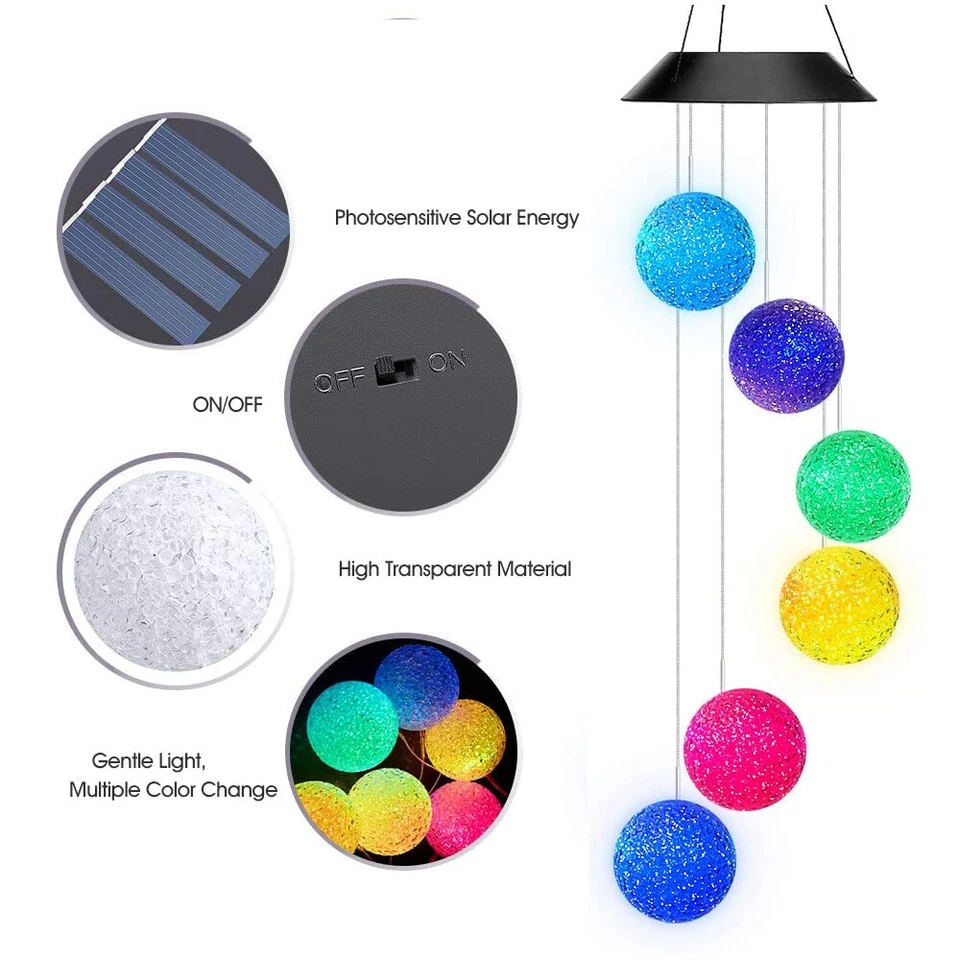 Luces de carillón de viento solar LED que cambian de color lámpara colgante bola de pájaro decoración de jardín Foto 4 de 4