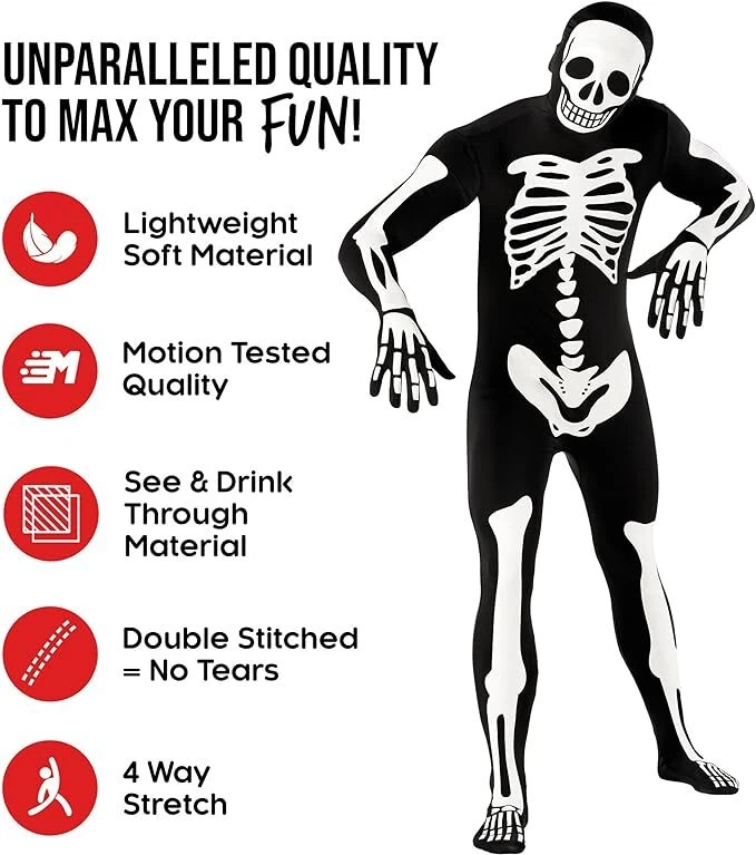 Adult Glow In the Dark Skeleton Morphsuit Mens Womens Halloween Costume Bodysuit - Image 4 of 4