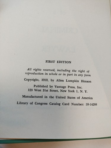 CONFESSIONS OF A CRIMINAL LAWYER by Allen Lumpkin Henson 1959 1st Ed. HC VG+++ - Picture 9 of 13