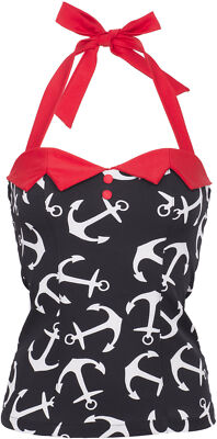 Coastal Babe MINA Sailor ANCHOR Anchor Pin Up Halter Neck TOP Rockabilly