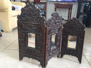 Antique heavily carved wood Chinese 3 penal screen