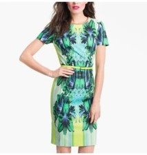 Elie Tahari Angie Lime Green Mirror Orchid Sheath Midi Dress US 10 Maximalism