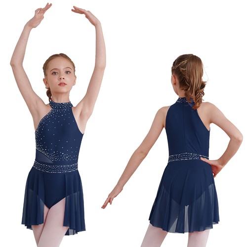 Mädchen lyrisches Tanzkleid ärmellos Neckholder Pailletten Ballett Trikot Skaten Outfit - Bild 26 von 86