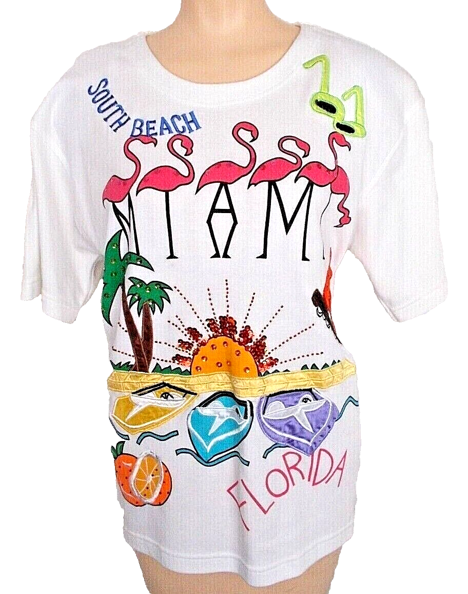 Embellished Flamingo Novelty Tee Shirt Miami Florida South Beach Size M