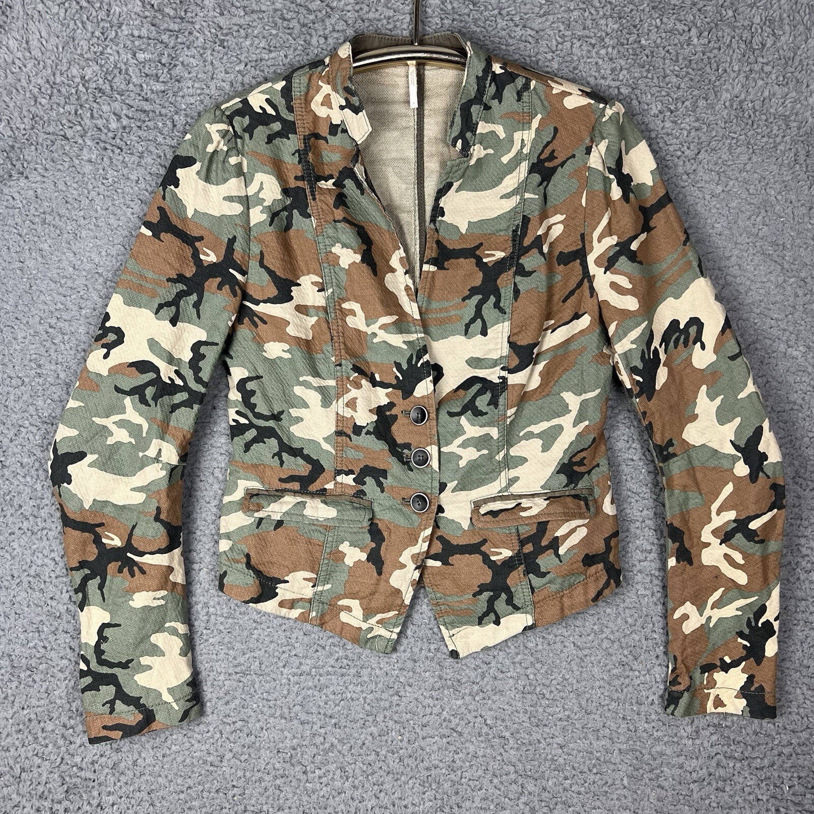 Free People Women Jacket 4 Green Camo Blazer Military Utility Long Sleeve Fitted