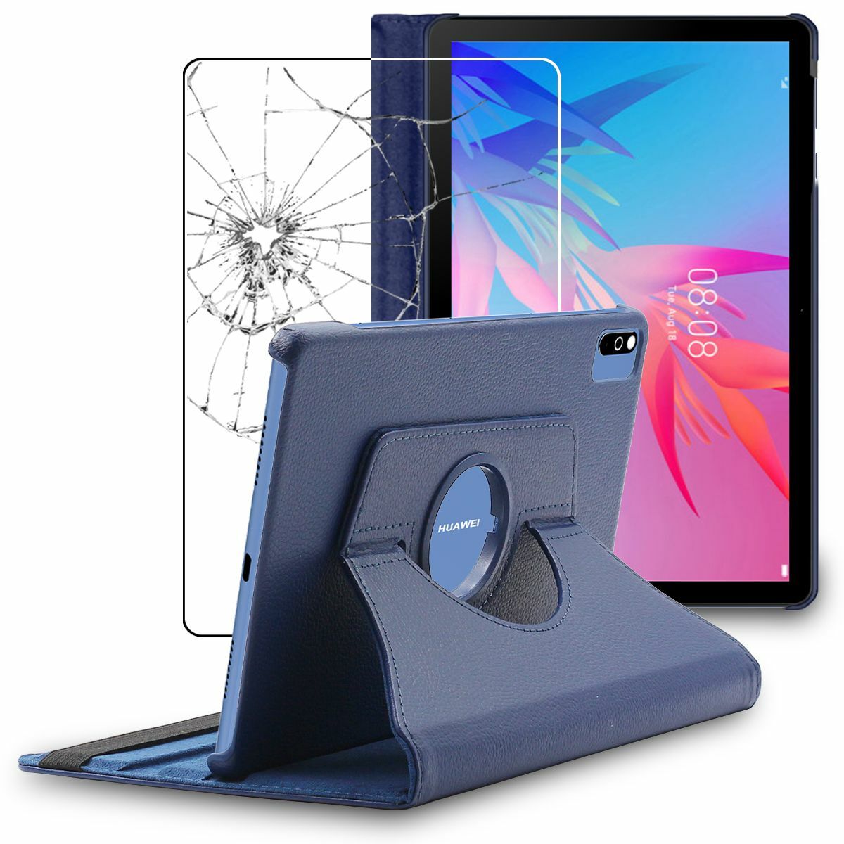 Housse cuir PU bleu fonce Huawei MatePad 5G etui rotatif haut de gamme et verre trempe