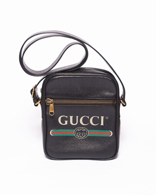 Authentic Gucci Print Shoulder Bag Portfolio Black Men's Logo Leather  523591