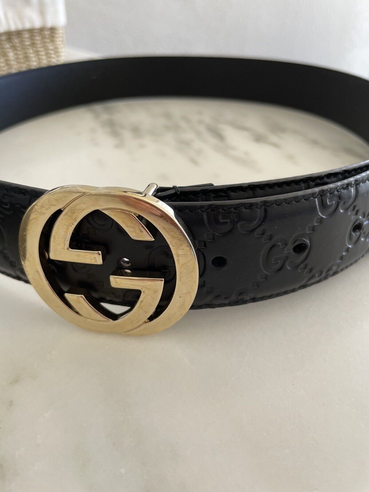 Gucci Belt GG Imprime Interlocking G Black Buckle 1.5 W Black in Leather  with Black - US