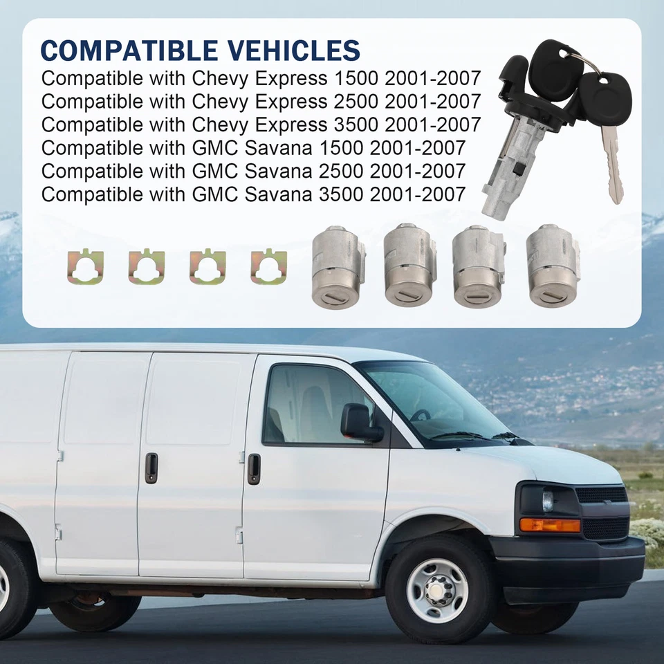 Ignition Switch Door Lock Cylinders Fit 02-07 Chevy Express GMC Savana w/ Keys - Image 2 of 4