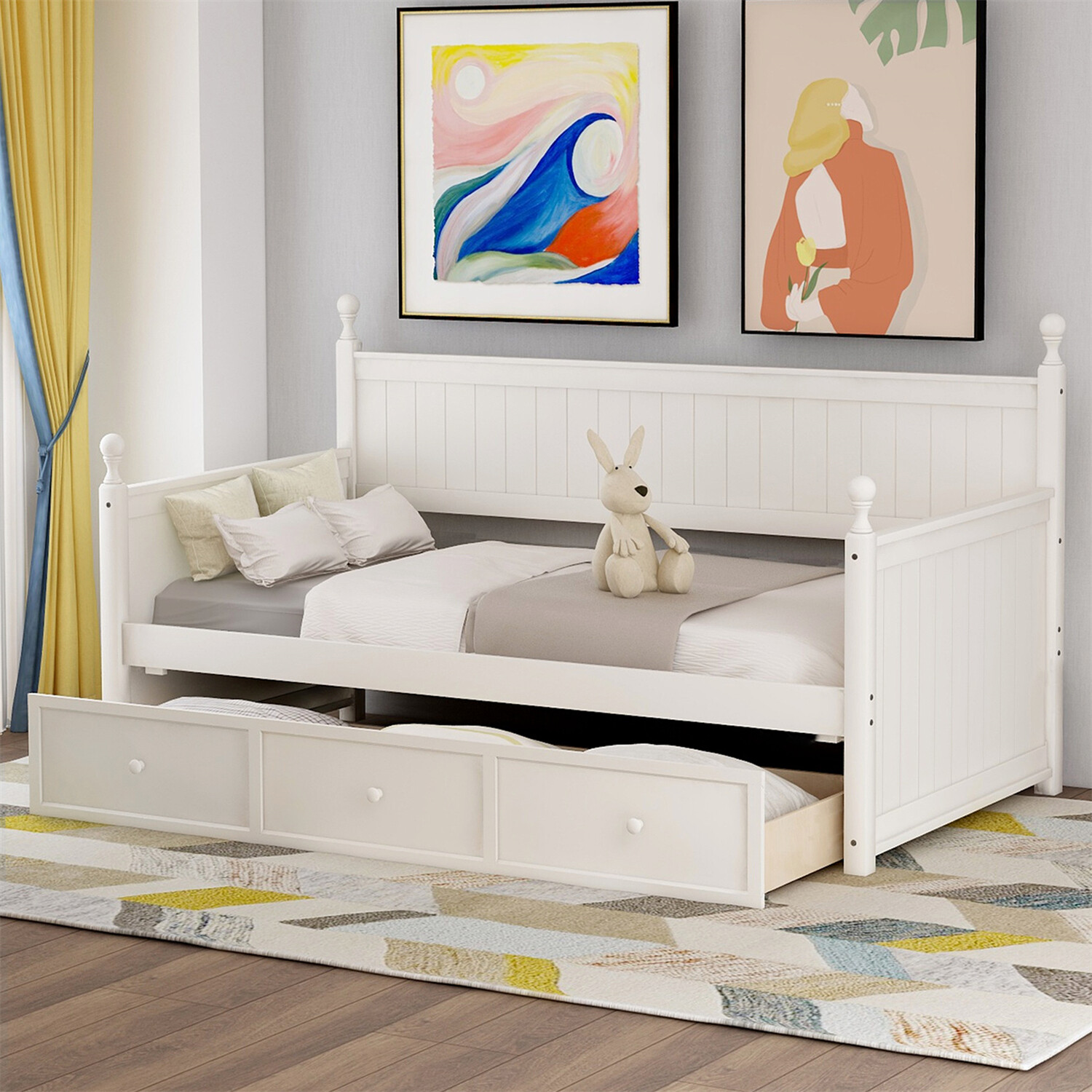 White/Gray Twin Wood Daybed Frame with 3 Drawers – Sleeper Sofa Design