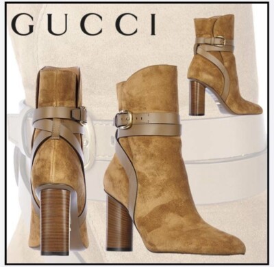 NEW Gucci Abigail Suede Block Heel Buckle Strappy Boot Brown 38.5