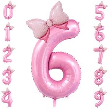 40 inch Number 6 Balloon with Bow Pink Happy Birthday Jumbo Number Balloon fo...