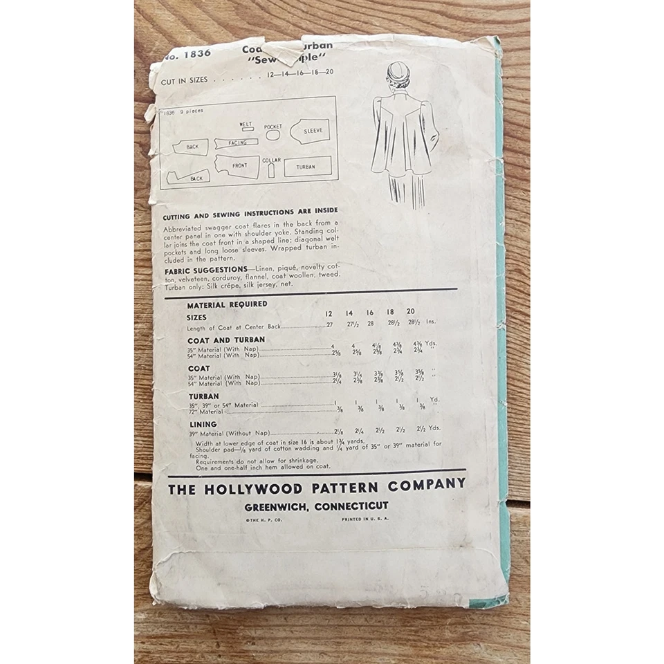 Vintage 1940s Sewing Pattern ORIGINAL Swing Coat + Turban Hollywood 1836 Bust 32 - Image 2 of 4