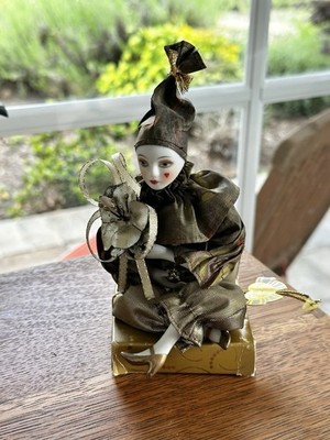 Gold Sitting Jester Harlequin Doll Porcelain On Empty Box Germany