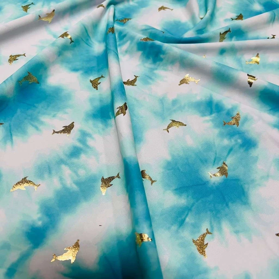 Baby Blue & White Tie Dye Dolphins print Spandex Fabric Stretch Swimsuit By Yard - Image 2 of 4