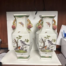 2 1898 VINTAGE Large Chinese Vase Pomegranate Handles Bird Luck Nature Signed