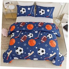 Kids Sports Theme Bedding Set, Basketball Football Baseball Twin Deep Blue