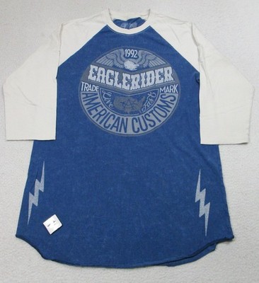 Affliction Eaglerider Shirt Mens Large Blue White Raglan Graphic 3/4 Sleeve