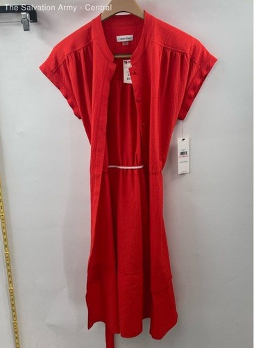 Calvin Klein Womens Red Short Sleeve Button Front Knee Length Shift Dress Sz 10