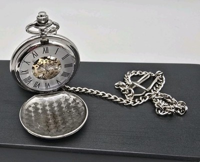 Vintage Skeleton Taschenuhr mechanisch, Handaufzug, silber mit  Uhrenkette!