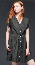GAP Button Front V-Neck Stretch Tie Waist Black Lined Shirt Dress Women's Sz 14