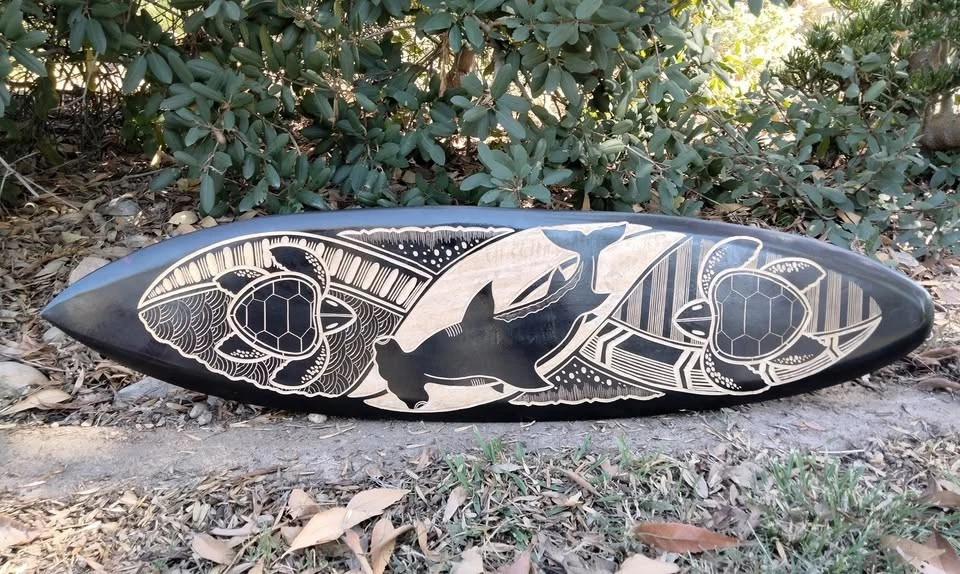 Tabla de surf de madera Hammer Head Shark hawaiana tribal tortuga tiki placa de pared 39" Foto 3 de 3