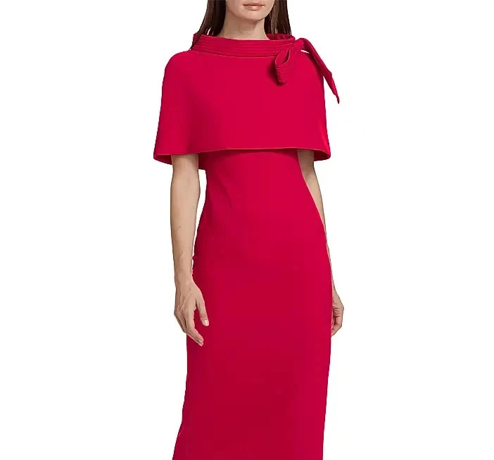 Badgley Mischka Red Cape Bow Stand-Neck Gown sz 4 Runway Sample Modest Couture - Image 4 of 4