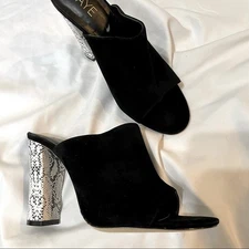 Raye Black Suede Peep Toe Slip On White Python Print Chunky Heels Womens 9.5