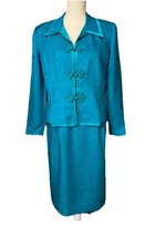 Safe Silk by Adrianna Papell Rich Turquoise 100% Silk Suit Sz 14 Toggle Closure