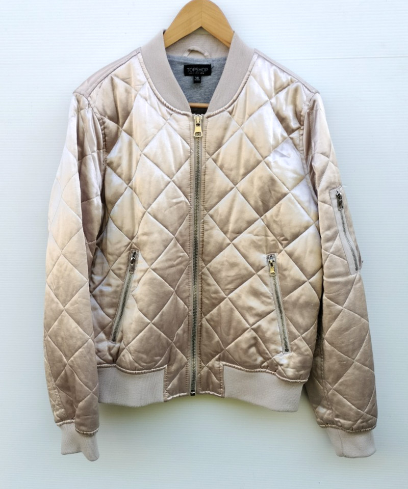 Topshop Women's Metallic Beige Quilted Satin Bomber Jacket Zip Pockets Size 16
