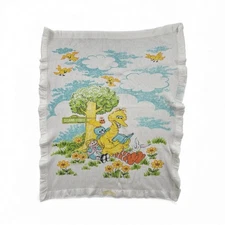 Vintage 80s Sesame Street Big Bird Grover Baby Blanket Satin Trim