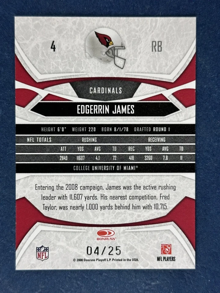 2008 Donruss Gridiron Gear Platinum O's #4 Edgerrin James Cardinals /25 - Image 2 of 2