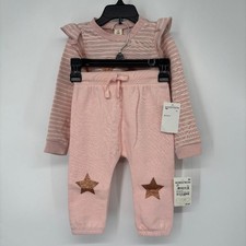 Tucker Tate 2Pc Top Pants Set Pink Ruffle English Stripe Stars Size 24M NWT