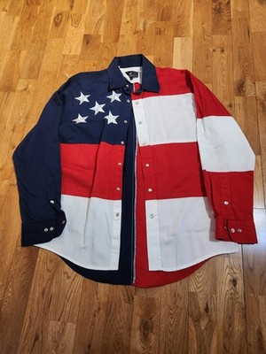 Western Express American Flag Stars & Stripes Long Sleeve Shirt Mens Large