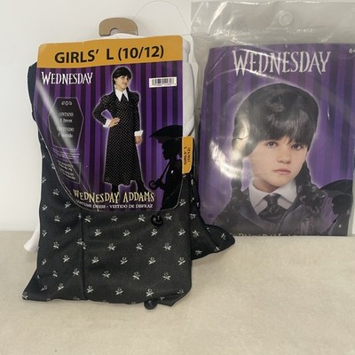 Wednesday Addams Family Halloween Costume Girls Large (10/12) Rubies & Wig NWT