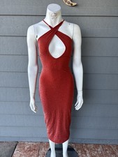 Rust Glitter Cut Out Halter Bodycon Dress Midi Length Sleeveless Size S