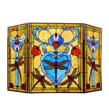 44" Folding Dragonfly Stained Glass Fireplace Screen