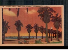 Vintage Santa Barbara, CA, Cabrillo Blvd Yacht Harbor, Sunset, Postcard C1