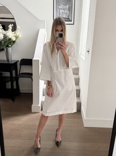 Jaeger Shirt Dress Size UK10 White 3/4 Sleeve Grandad Collar Knee Length RRP £99