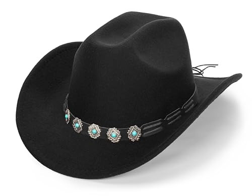 Men Women Classic-Western-Cowboy-Hat - PU Leather Medium Black With Turquoise - Picture 1 of 7