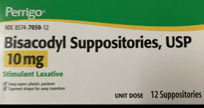 Generic Dulcolax Perrigo Bisacodyl 10mg Laxative Suppositories- 50count box 4/27