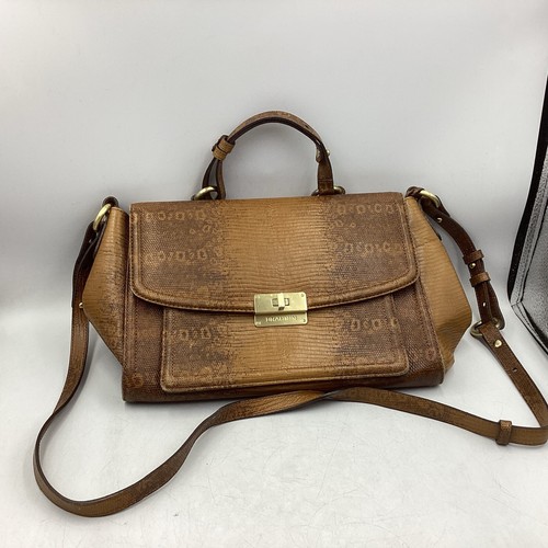 Brahmin Oxford Flap Satchel in Cognac Embossed Leather Bag/Purse With Strap