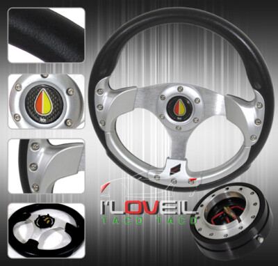 320mm Silver Fusion Steering Wheel + Black 1.5'' Quick Release Set + Jdm Button