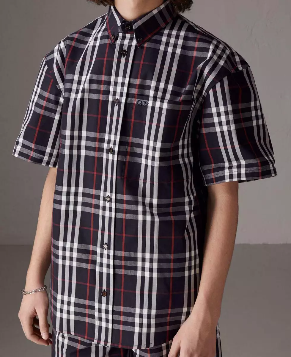 $495 BURBERRY X GOSHA RUBCHINSKIY NAVY COTTON CHECK LOGO BOXY SHIRT OVERSIZED M